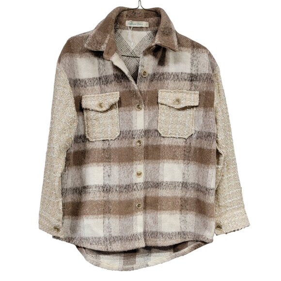Southern Grace Jackets & Blazers - Southern Grace Plaid Shacket Jacket Brown Beige Tweed Pockets Button Down